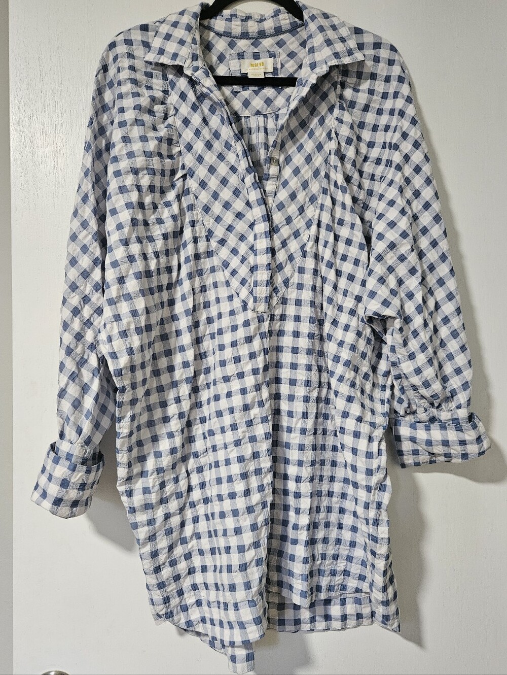 Maeve by Anthropologie Blue Gingham Popover Long Sleeve Mini Dress Medium